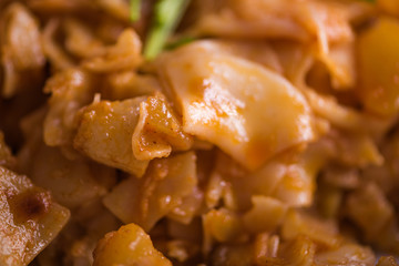 close up detail of eastern european traditional rustic dish from square pasta and cabbage 
