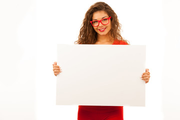 Woman in red showing blank white banner with copy space for additional text, graphics or addvertisement isolated over white