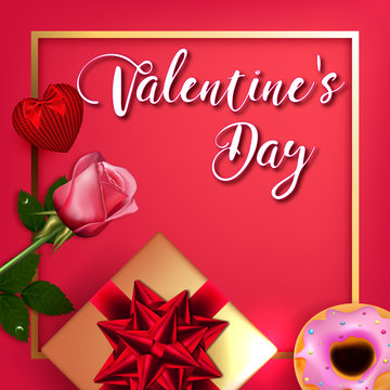 Vector illustration for Valentines day. Rose, gift, donut and heart on a pink background