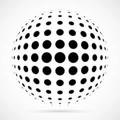 White 3D vector halftone sphere.Dotted spherical background.Logo template with shadow.Circle dots isolated on the white background.