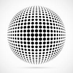 White 3D vector halftone sphere.Dotted spherical background.Logo template with shadow.Circle dots isolated on the white background.