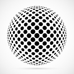 White 3D vector halftone sphere.Dotted spherical background.Logo template with shadow.Circle dots isolated on the white background.