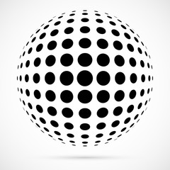 White 3D vector halftone sphere.Dotted spherical background.Logo template with shadow.Circle dots isolated on the white background.