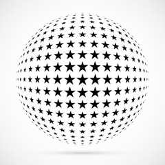 White 3D vector halftone sphere.Dotted spherical background.Logo template with shadow.Stars isolated on the white background.