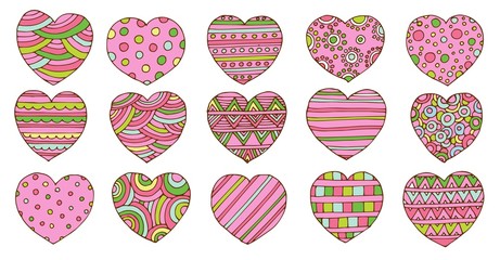 Valentines day hearts doodles set. Romantic stickers collection. Hand drawn effect vector. Exercise book paper. Love theme simple sketches for web design or printed products.