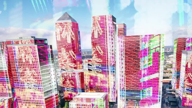 london docklands timelapse with neon and light display mapped onto each building face