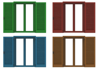 Four window open with colored venetian shutters, closeup front view, 3D rendering.