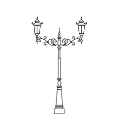 Classic street light pole or standard with two lanterns in line design on isolated background. City lighting lamp - outdoor object in thin linear style.