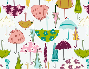 Umbrella vector illustration. Seamless repeating pattern for fabric, baby shower paper, cards, invitations, gift wrap, backgrounds and more. Cute, sweet, simple, colorful print.