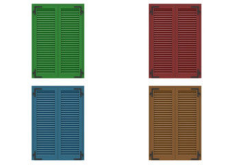 Four window closed with colored venetian shutters, closeup front view, 3D rendering.