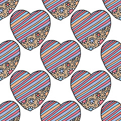 Fototapeta premium Vector seamless pattern with color hearts of doodles. Romantic background Valentine's Day, wedding in childish hand drawn sketch style. Abstract ornamental cute decorative illustration for print, web
