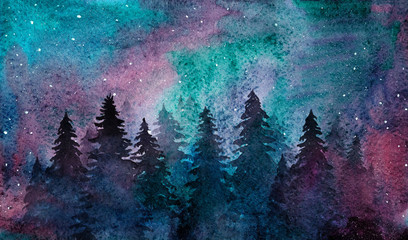 Watercolor spruce forest on the starry sky background. Northern lights and trees silhouettes - 188618866