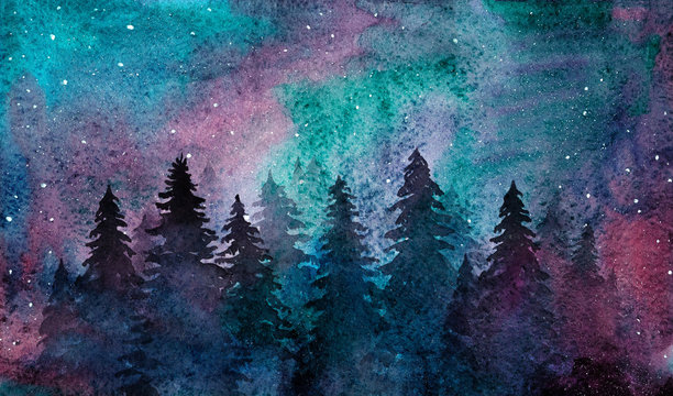 Watercolor Spruce Forest On The Starry Sky Background. Northern Lights And Trees Silhouettes