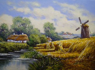 Rural oil paintings landscape. Ukrainian village.