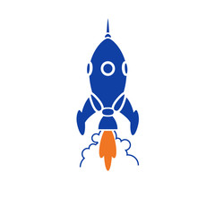 Vintage rocket ship launching straight up with a fiery orange exhaust & streaming cloud of smoke trailing behind it.