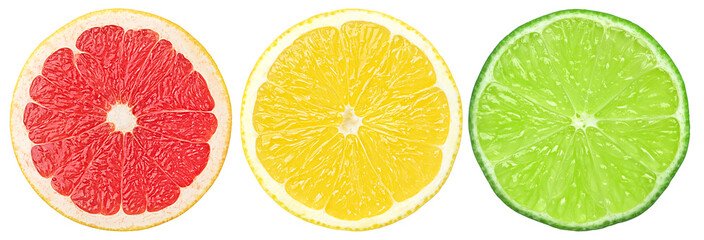 citrus slice, grapefruit, lemon, lime, isolated on white background, clipping path