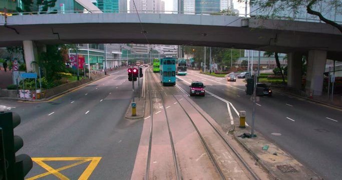 Trams & Buses At Hennessy Road Junction; Hong Kong Tram; Wan Chai, Hong Kong, China