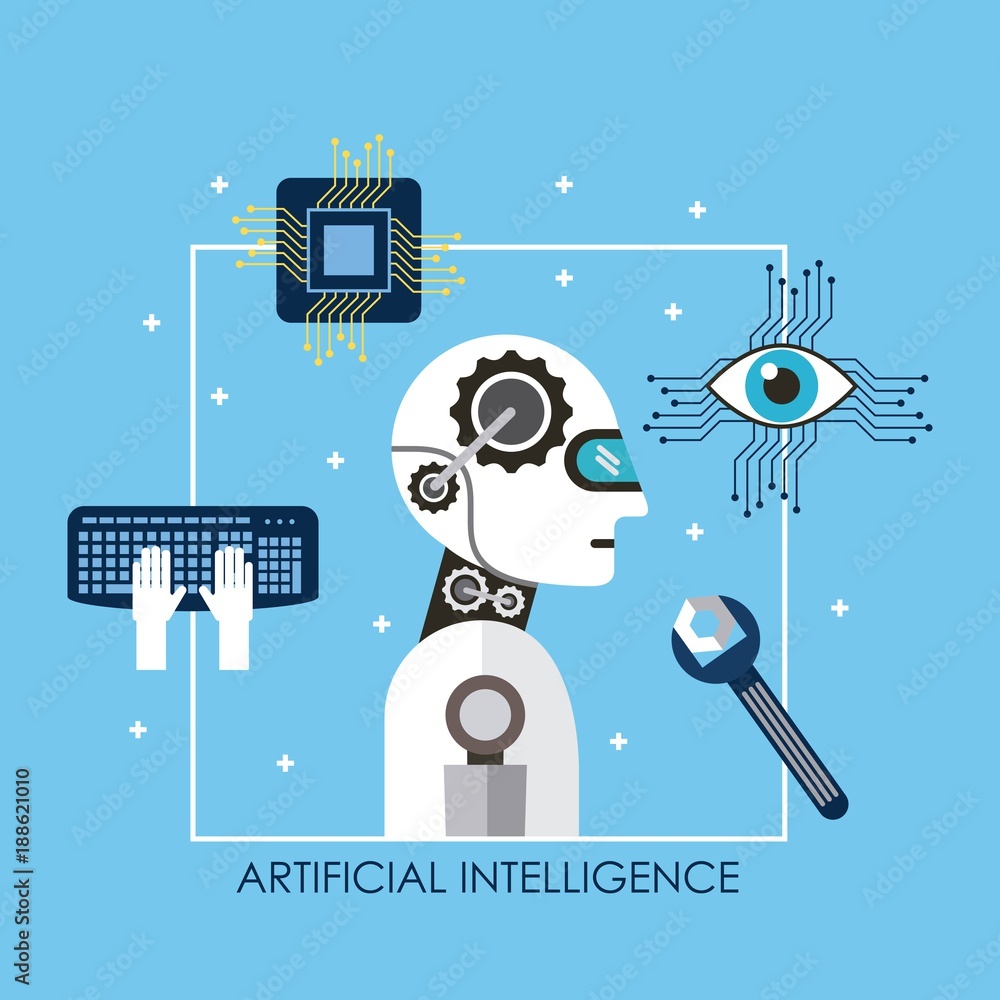 Poster artificial intelligence robot tool keyboard board circuit surveillance vector illustration