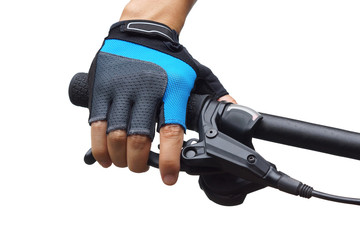 Closeup of hand of a cyclist holding a  bicycle brake lever isolated