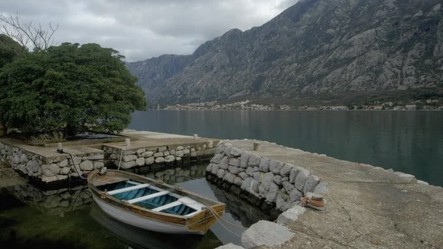 Small Boat Moored In Cove; Kotor; Kotor, Montenegro