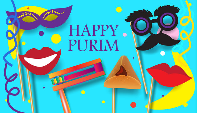 Purim Festival celebration concept greeting poster. Jewish Holiday festive abstract design, traditional symbols, noisemaker - grogger, hamantachhen cookies, masque, paper cut art, vector.