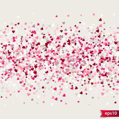 Stipple pattern for design. Colorful minimalistic geometric pattern with randomly located small hearts. Red heart glitter background. Gradually changing density backdrop with red and pink hearts