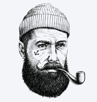 Hand Drawn vintage hipster sailor with thick beard and pipe