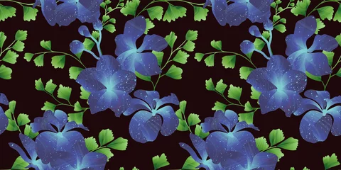 Gordijnen Seamless pattern, blue Vanda Coerulea orchid and Adiantum leaves on balck background © momosama