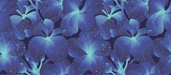 Seamless pattern, blue Vanda Coerulea orchid on balck background