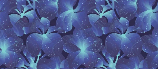 Foto op Plexiglas Seamless pattern, blue Vanda Coerulea orchid on balck background © momosama
