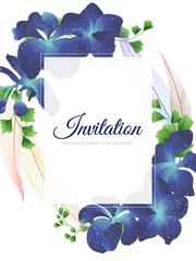 Schilderijen op glas Hand drawn Tropical plant, blue Vanda Coerulea orchid, Adiantum leaves and feather, invitation card design © momosama