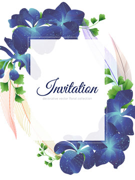 Hand drawn Tropical plant, blue Vanda Coerulea orchid, Adiantum leaves and feather, invitation card design