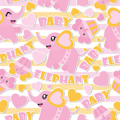 Seamless pattern of cute baby elephant and cupcakes on striped background vector cartoon illustration for Baby shower wrapping paper, kid fabric clothes, and wallpaper
