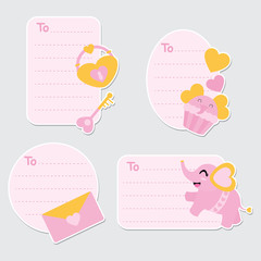 Cute elephant, cupcake, and heart padlock vector cartoon illustration for Valentine gift tags design, postcard and sticker set