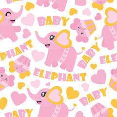 Seamless pattern of cute baby elephant and cupcakes vector cartoon illustration for Baby shower wrapping paper, kid fabric clothes, and wallpaper