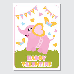 Cute baby elephant with love letter and colorful bunting vector cartoon illustration for Happy Valentine card design, postcard, and wallpaper