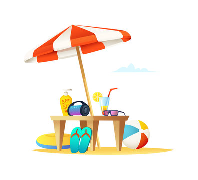 Beard man sitting on a sunbed on the beach. Happy smiling male relaxing on a chaise-longue and drink cocktail. Vector cartoon illustration.