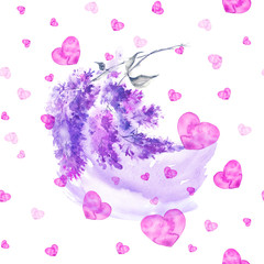 Watercolor seamless vintage pattern with a branch of lilac, flowers, heart,  splash of paint. Beautiful, stylish and fashionable background. Pink, lilac color on a white background.