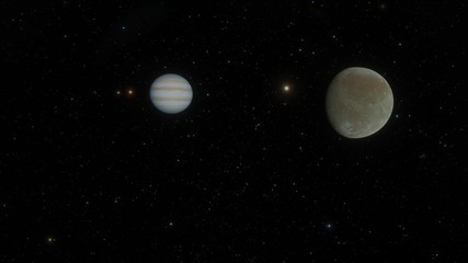 Ganymede Moon and Jupiter Planet Orbit Flyby
