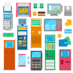 Payment machine vector pos banking terminal for credit card to pay and atm bank system machining for paying cardreader in store illustration isolated on white background