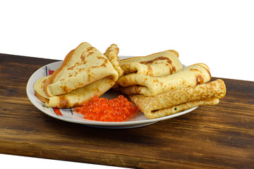 Traditional Russian pancakes with red caviar