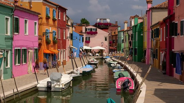 Coloured Houses & Boats On Canal; Burano; Burano, Venice, Italy