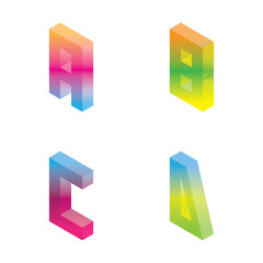 Gradient bright isometric letters A B C D in vivid colors, isolated on white background. Vector font collection