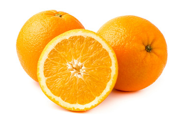 Two ripe orange and half on a white, isolated.