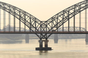 Close-up shot Yadanarbon bridge at Irrawaddy River, Modern bridge in Mandalay Myanma Burma