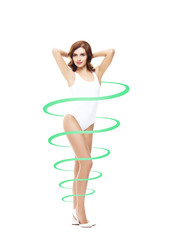 Close-up of thin and beautiful female body. Weight loss, sports, exercising, water balance, healthy nutrition concept.