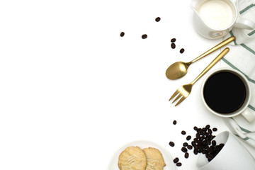 Mockup breakfast on white background with a cup of coffee, coffee beans, milk and cookie. Top view with copy space, flat lay.