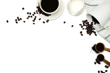 Top view mockup on white background with a cup of coffee, coffee beans and  milk.