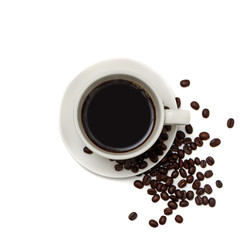 Top view  a cup of coffee and coffee beans on white background.