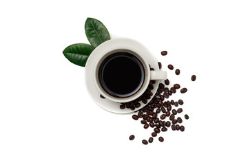 Top view  a cup of coffee and coffee beans on isolated background.